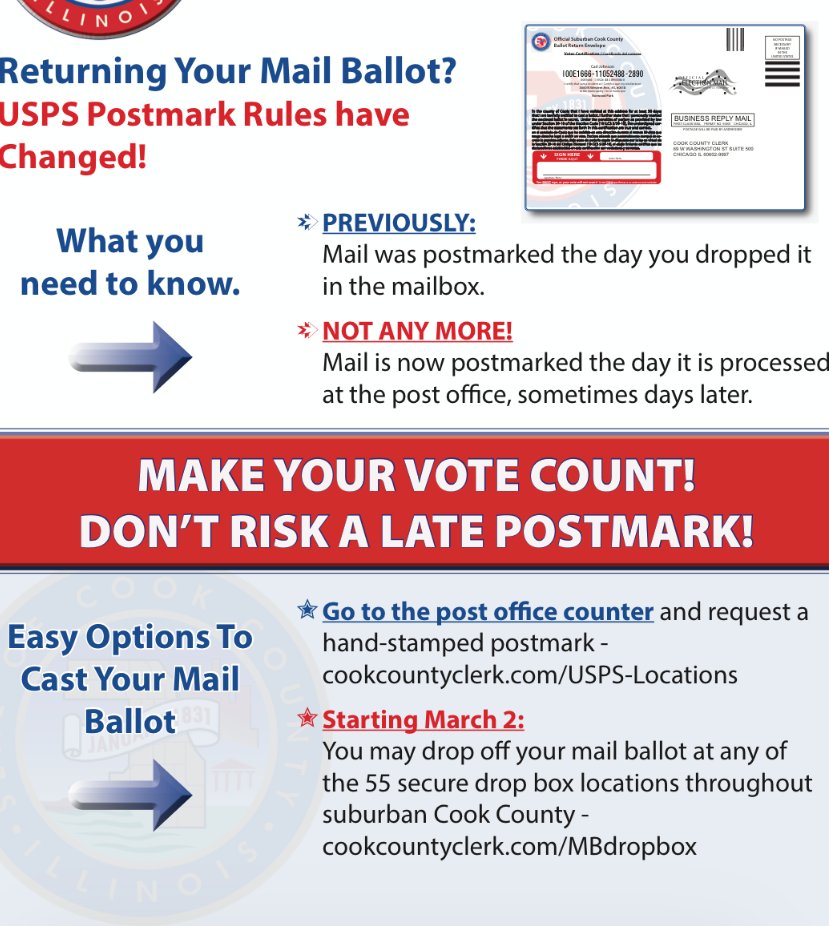 Cook County Clerk notice: Returning Your Mail Ballot? USPS Postmark Rules have Changed. Mail is now postmarked the day it is processed, sometimes days later. Request a hand-stamped postmark at the counter, or use one of the 55 secure drop boxes in suburban Cook County.