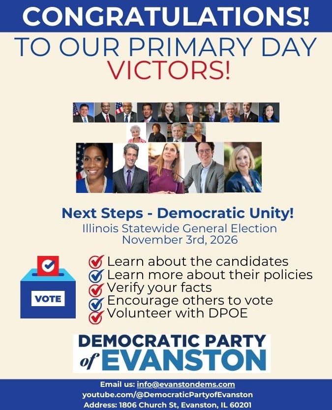 DPOE graphic congratulating the primary day victors, with headshots of the Democratic nominees and a checklist of next steps ahead of the November 3, 2026 general election.